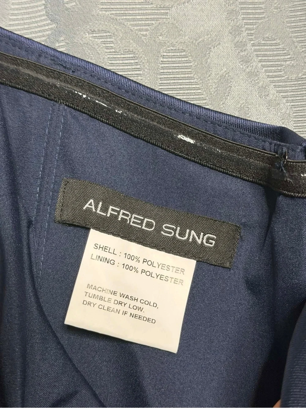 Alfred Sung Eliza Bow Back Strapless Satin Column Gown